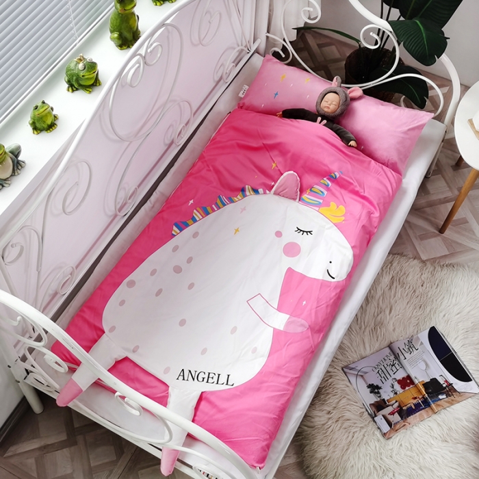 91家纺网 家纺一手货源 找家纺 沁童 2023新款儿童卡通睡袋 独角兽粉色