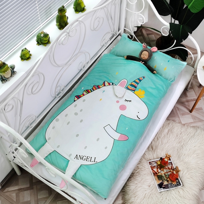 91家纺网 家纺一手货源 找家纺 沁童 2023新款儿童卡通睡袋 独角兽绿色