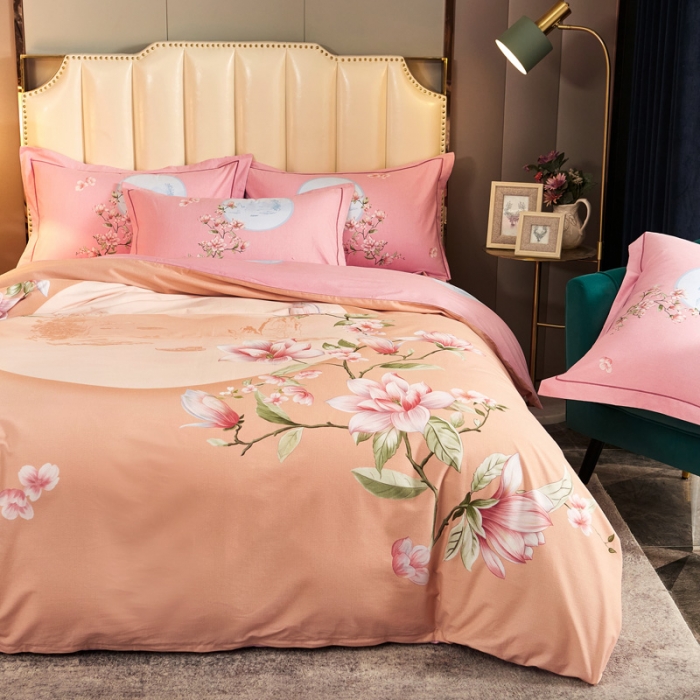 91家纺网 家纺一手货源 找家纺 雲归梦 2020新款全棉生态磨毛大版四件套 荷塘月色-橙