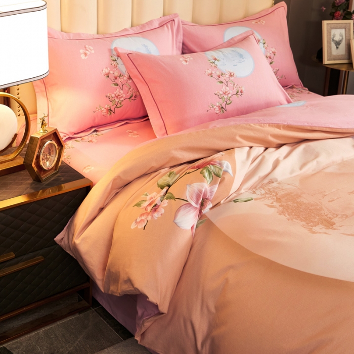 91家纺网 家纺一手货源 找家纺 雲归梦 2020新款全棉生态磨毛大版四件套 荷塘月色-橙