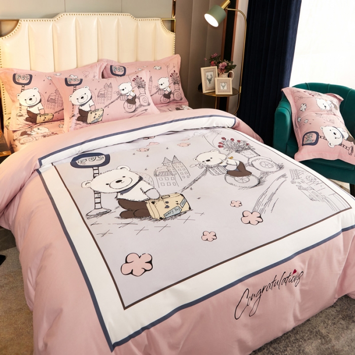 91家纺网 家纺一手货源 找家纺 雲归梦 2020新款全棉生态磨毛大版四件套 快乐小熊-粉