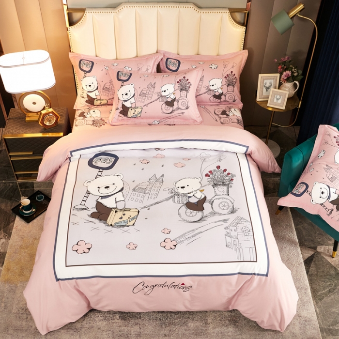 91家纺网 家纺一手货源 找家纺 雲归梦 2020新款全棉生态磨毛大版四件套 快乐小熊-粉