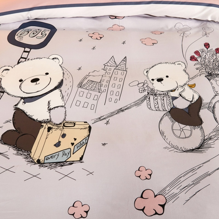 91家纺网 家纺一手货源 找家纺 雲归梦 2020新款全棉生态磨毛大版四件套 快乐小熊-粉