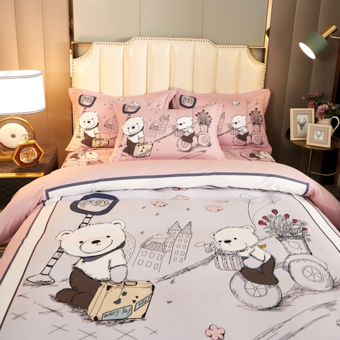 91家纺网 家纺一手货源 找家纺 雲归梦 2020新款全棉生态磨毛大版四件套 快乐小熊-粉