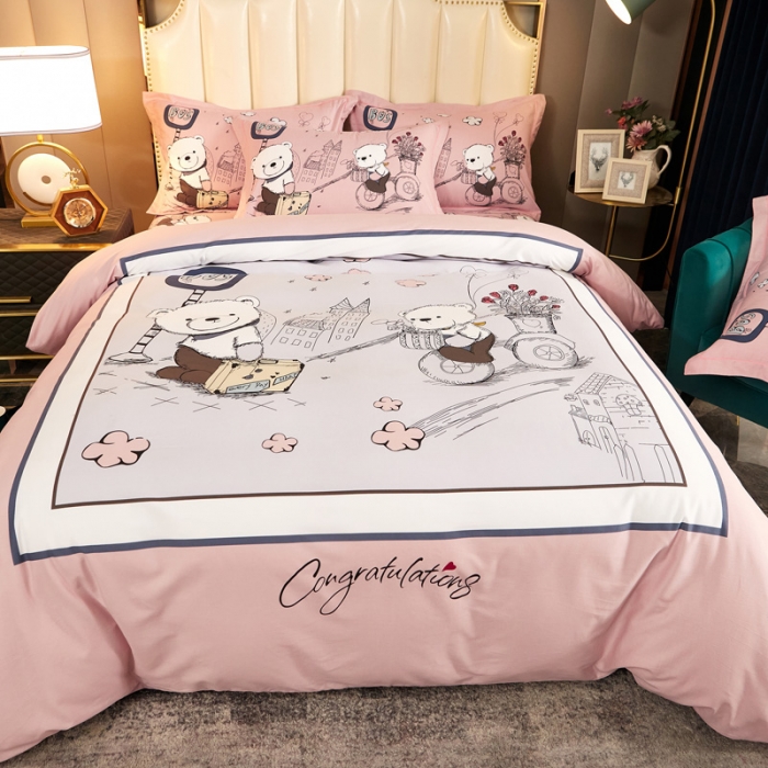 91家纺网 家纺一手货源 找家纺 雲归梦 2020新款全棉生态磨毛大版四件套 快乐小熊-粉