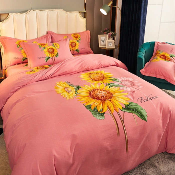 91家纺网 家纺一手货源 找家纺 雲归梦 2020新款全棉生态磨毛大版四件套 向日葵花-玉