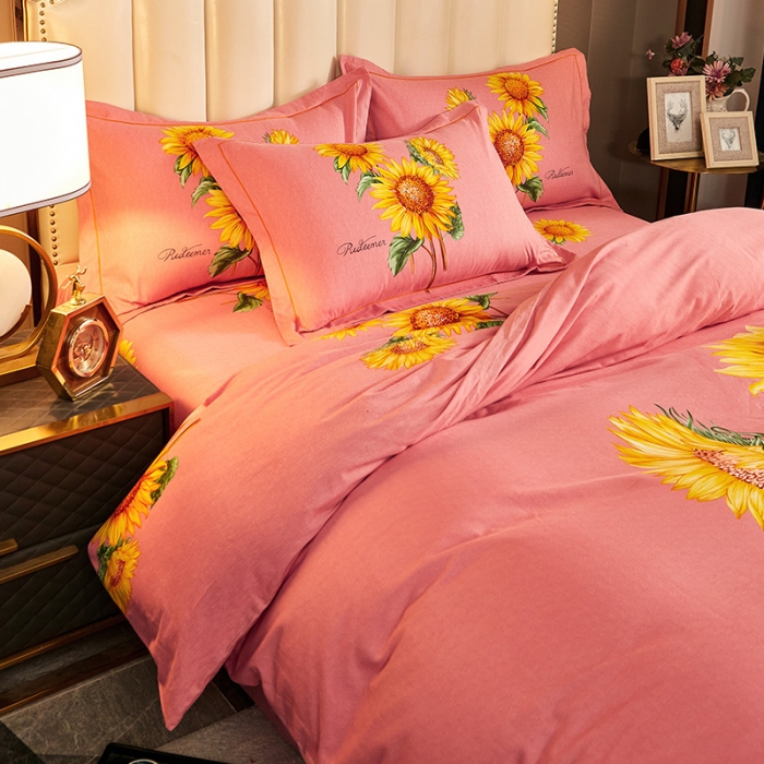 91家纺网 家纺一手货源 找家纺 雲归梦 2020新款全棉生态磨毛大版四件套 向日葵花-玉