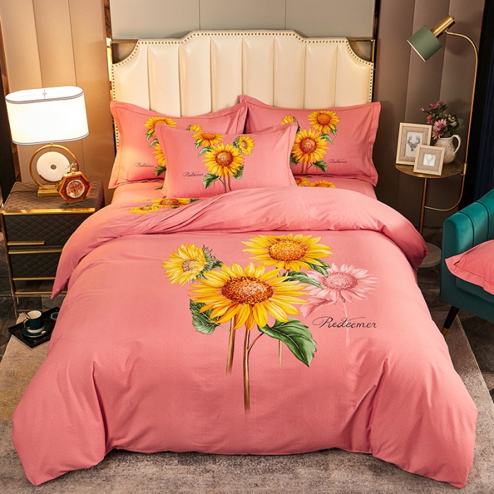 91家纺网 家纺一手货源 找家纺 雲归梦 2020新款全棉生态磨毛大版四件套 向日葵花-玉