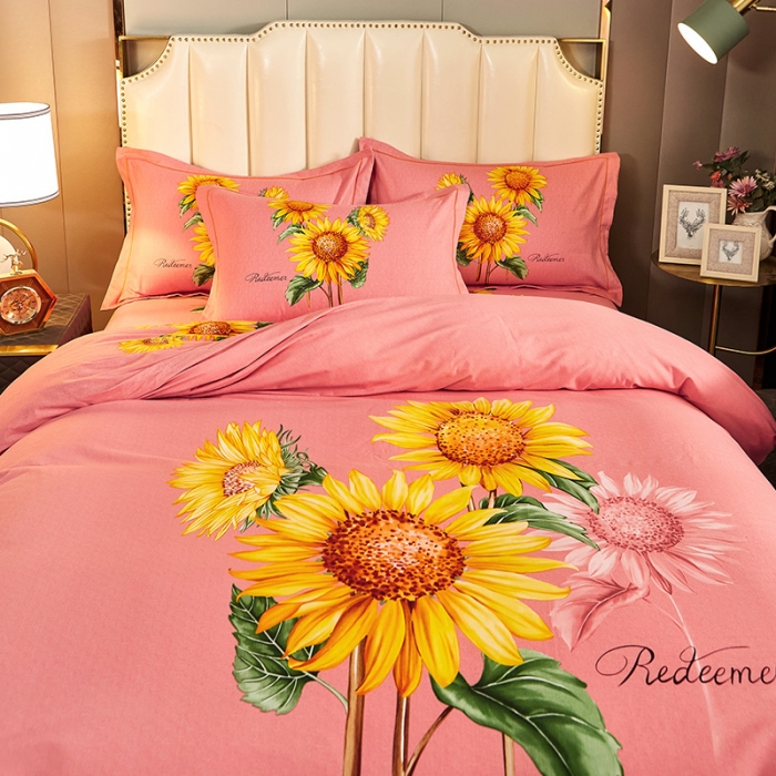 91家纺网 家纺一手货源 找家纺 雲归梦 2020新款全棉生态磨毛大版四件套 向日葵花-玉