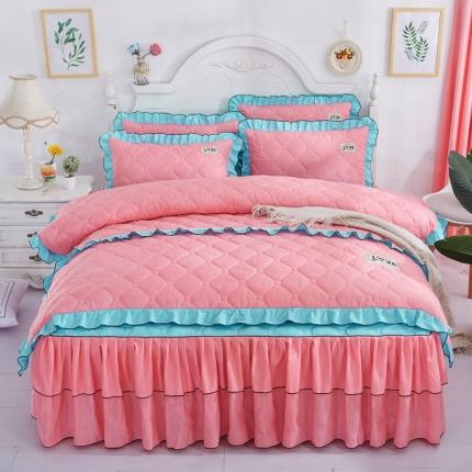 91家纺网 家纺一手货源 找家纺 艾裙海 2025新款床裙款半夹棉四件套 湖蓝拼玉