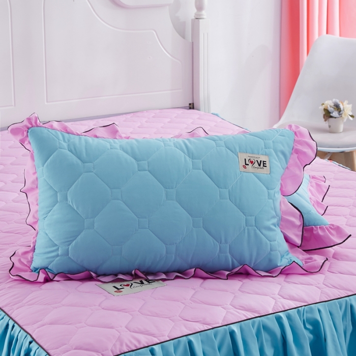 91家纺网 家纺一手货源 找家纺 艾裙海 2025新款床裙款半夹棉四件套 粉拼蓝