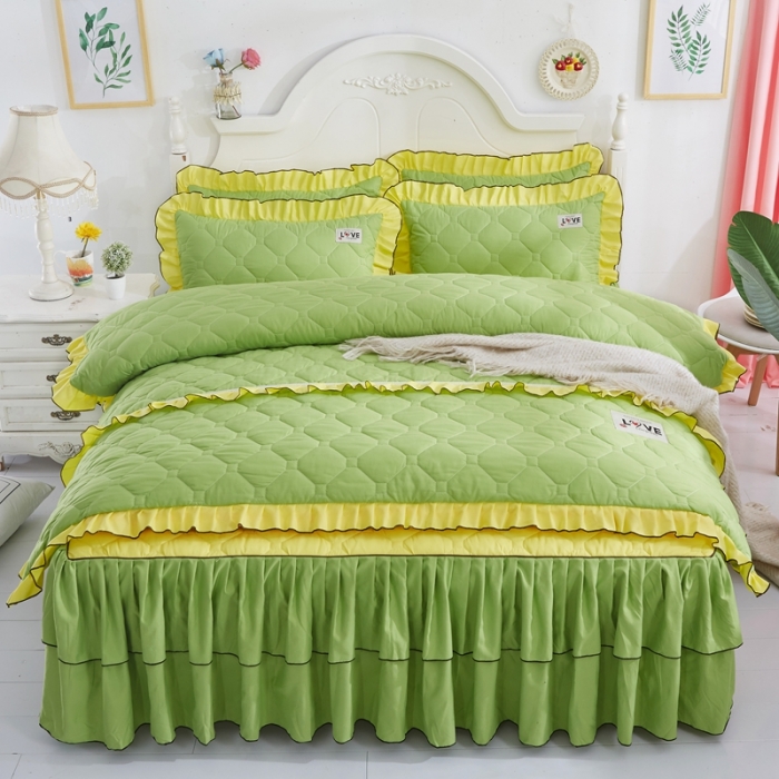 91家纺网 家纺一手货源 找家纺 艾裙海 2025新款床裙款半夹棉四件套 黄拼果绿