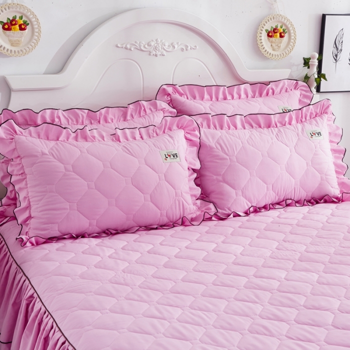 91家纺网 家纺一手货源 找家纺 艾裙海 2025新款床裙款全夹棉四件套 粉色