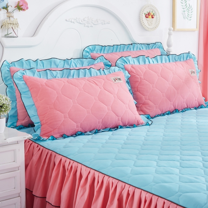 91家纺网 家纺一手货源 找家纺 艾裙海 2025新款床裙款全夹棉四件套 湖蓝拼玉