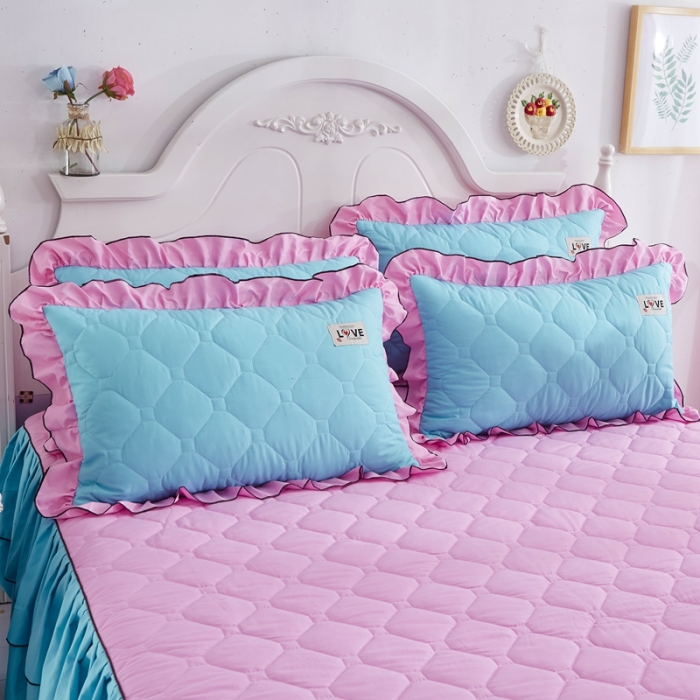 91家纺网 家纺一手货源 找家纺 艾裙海 2025新款纯色磨毛夹棉单床裙 粉拼蓝