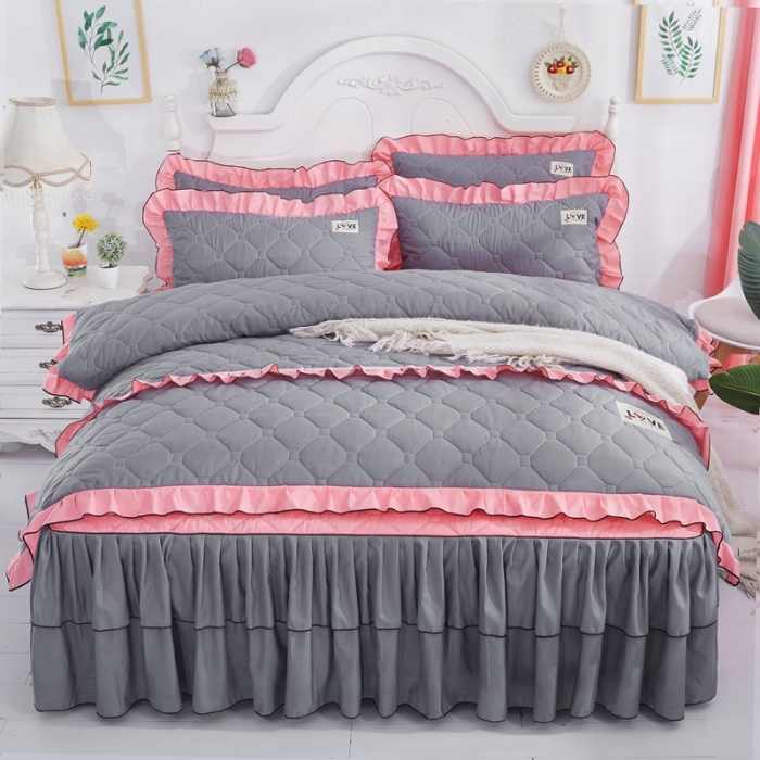 91家纺网 家纺一手货源 找家纺 艾裙海 2025新款床裙款全夹棉四件套 玉拼灰