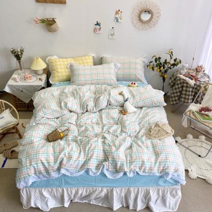 玛奇朵 2020新款蕾丝色织水洗棉四件套 冰淇淋格