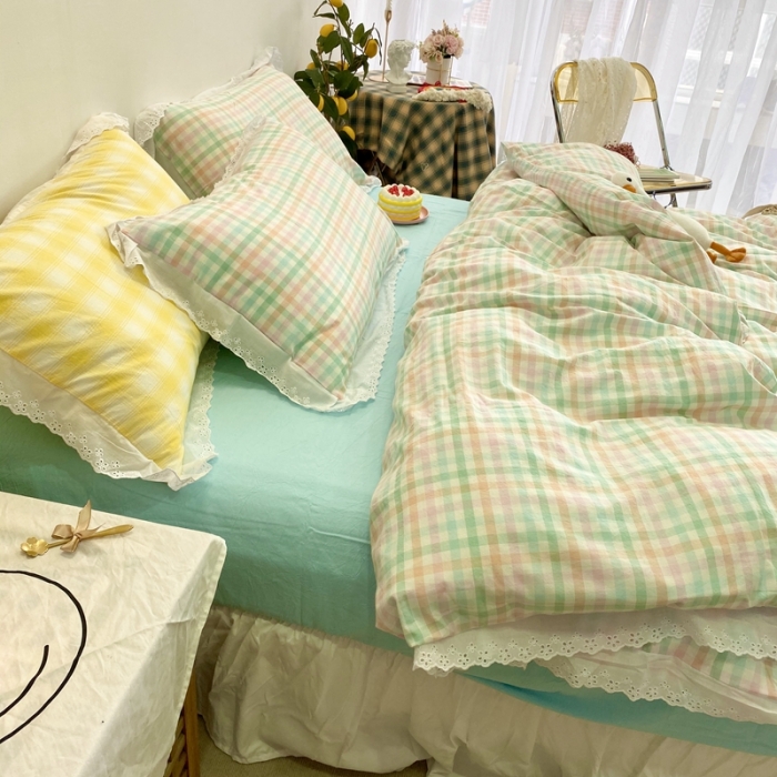 91家纺网 家纺一手货源 找家纺 玛奇朵 2020新款蕾丝色织水洗棉四件套 冰淇淋格