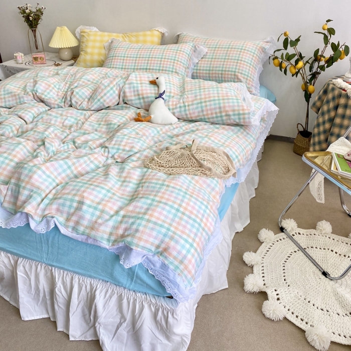 91家纺网 家纺一手货源 找家纺 玛奇朵 2020新款蕾丝色织水洗棉四件套 冰淇淋格