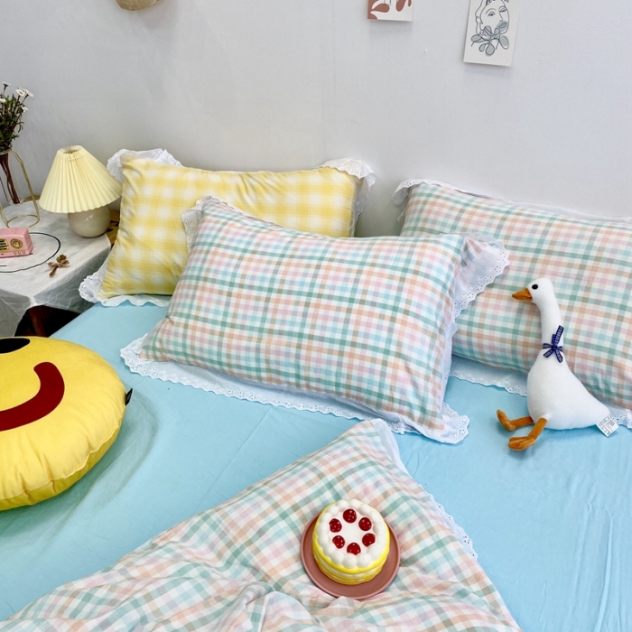 91家纺网 家纺一手货源 找家纺 玛奇朵 2020新款蕾丝色织水洗棉四件套 冰淇淋格