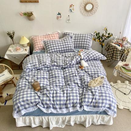 玛奇朵 2020新款蕾丝色织水洗棉四件套 暖阳.蓝