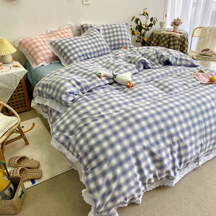 91家纺网 家纺一手货源 找家纺 玛奇朵 2020新款蕾丝色织水洗棉四件套 暖阳.蓝