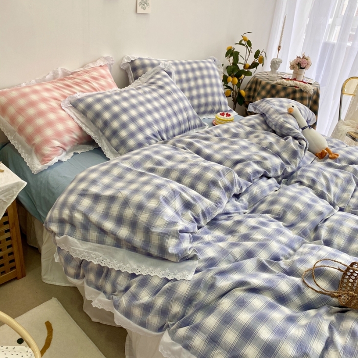 91家纺网 家纺一手货源 找家纺 玛奇朵 2020新款蕾丝色织水洗棉四件套 暖阳.蓝