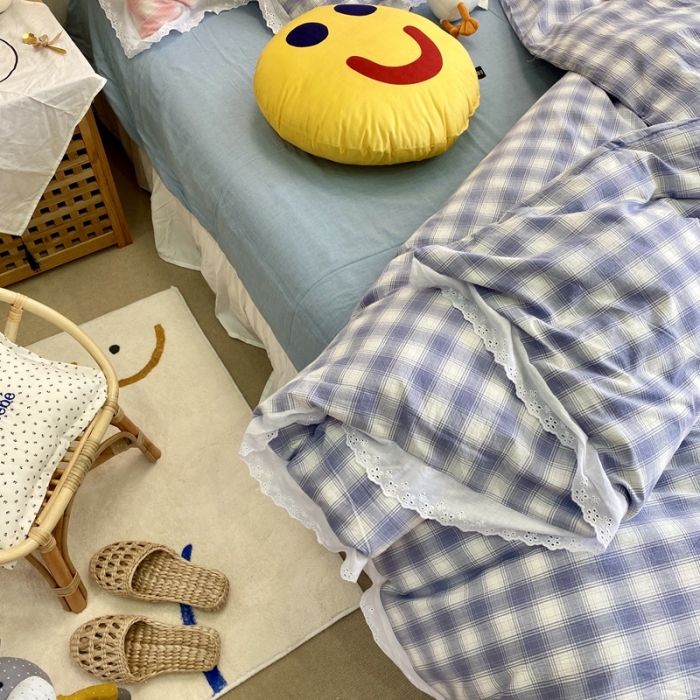 91家纺网 家纺一手货源 找家纺 玛奇朵 2020新款蕾丝色织水洗棉四件套 暖阳.蓝