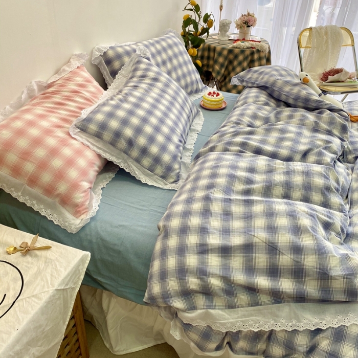 91家纺网 家纺一手货源 找家纺 玛奇朵 2020新款蕾丝色织水洗棉四件套 暖阳.蓝