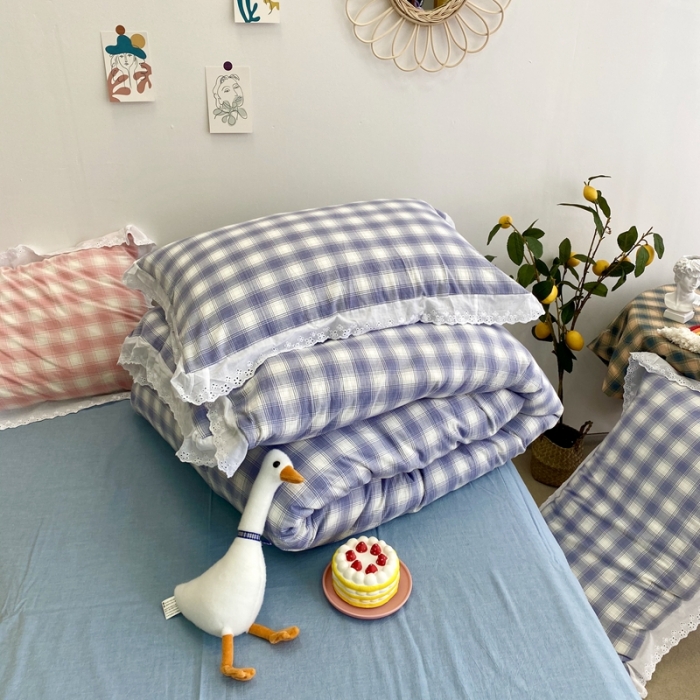 91家纺网 家纺一手货源 找家纺 玛奇朵 2020新款蕾丝色织水洗棉四件套 暖阳.蓝