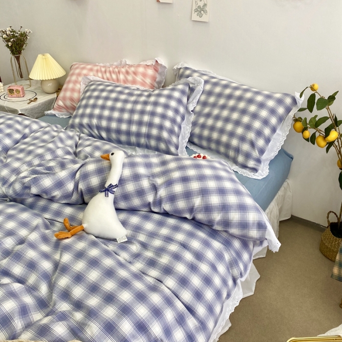 91家纺网 家纺一手货源 找家纺 玛奇朵 2020新款蕾丝色织水洗棉四件套 暖阳.蓝