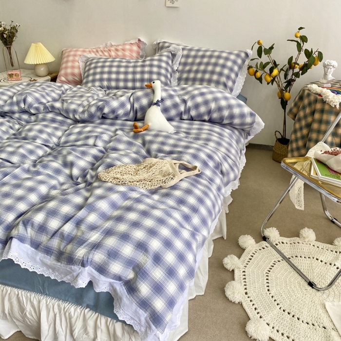 91家纺网 家纺一手货源 找家纺 玛奇朵 2020新款蕾丝色织水洗棉四件套 暖阳.蓝