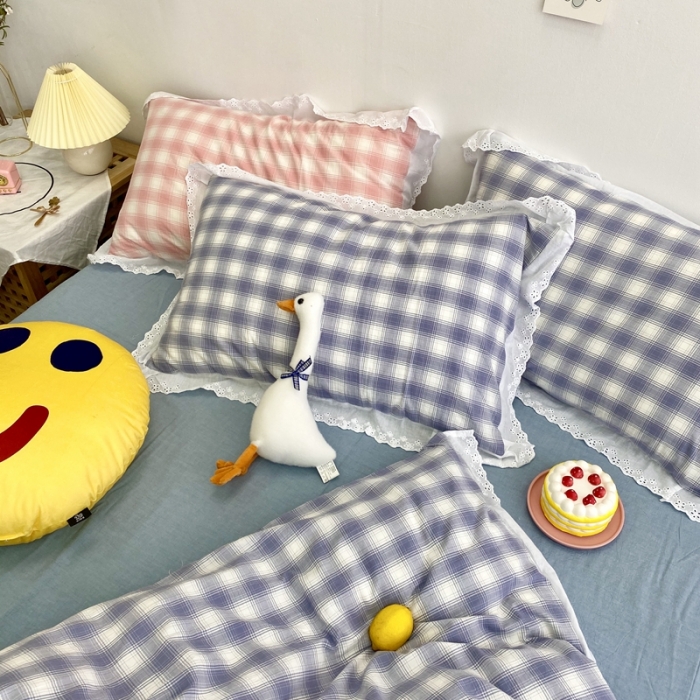 91家纺网 家纺一手货源 找家纺 玛奇朵 2020新款蕾丝色织水洗棉四件套 暖阳.蓝