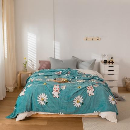 坦客毯业2023年新款印花法莱绒毛毯沙发盖毯午睡毯子雏菊-蓝