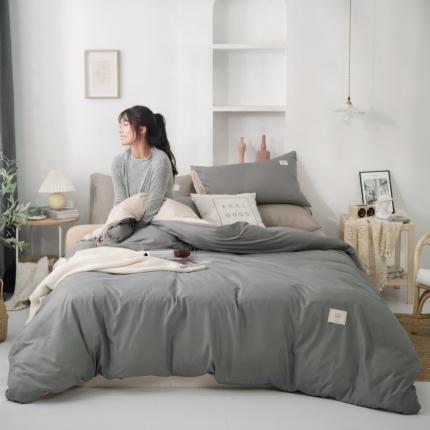 91家纺网 家纺一手货源 找家纺 优宜家 2023新款磨毛双拼四件套 银灰+浅卡