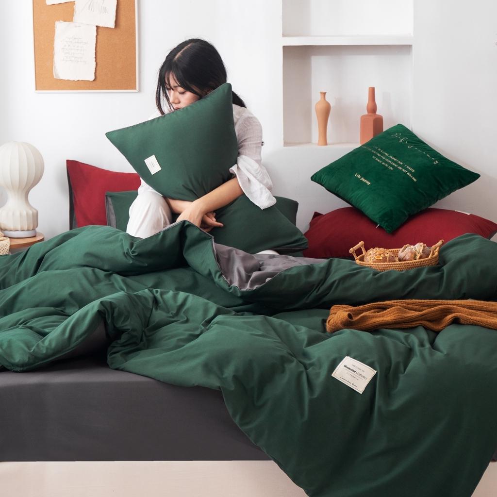 91家纺网 家纺一手货源 找家纺 优宜家 2023新款磨毛双拼四件套 墨绿+灰