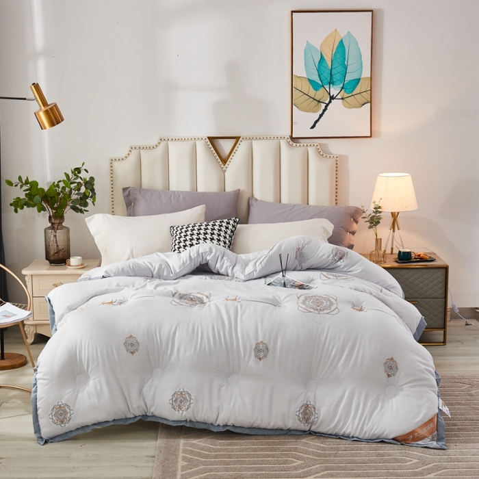 91家纺网 家纺一手货源 找家纺 啊雅家居2025新款富贵绒大豆纤维羽丝绒被冬被 镶边款欧8灰