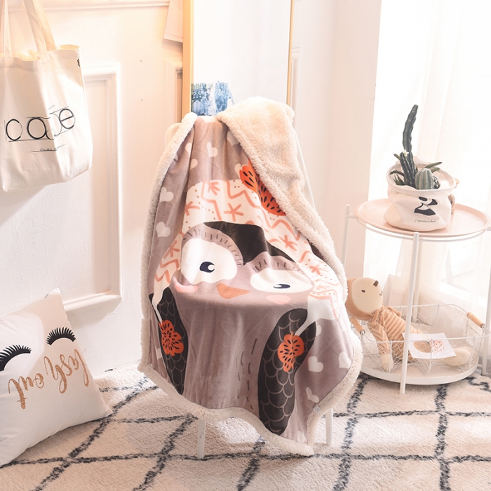 91家纺网 家纺一手货源 找家纺 茗婷家纺 2025款羊羔绒双层加厚保暖儿童毛毯云毯供外贸跨境亚马逊TRMU 爱心猫头鹰