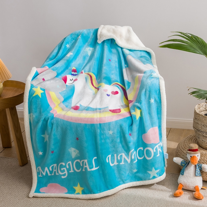 91家纺网 家纺一手货源 找家纺 茗婷家纺 2025款羊羔绒双层加厚保暖儿童毛毯云毯供外贸跨境亚马逊TRMU 彩虹马