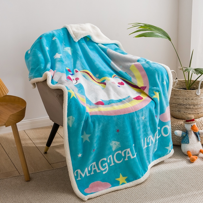 91家纺网 家纺一手货源 找家纺 茗婷家纺 2025款羊羔绒双层加厚保暖儿童毛毯云毯供外贸跨境亚马逊TRMU 彩虹马