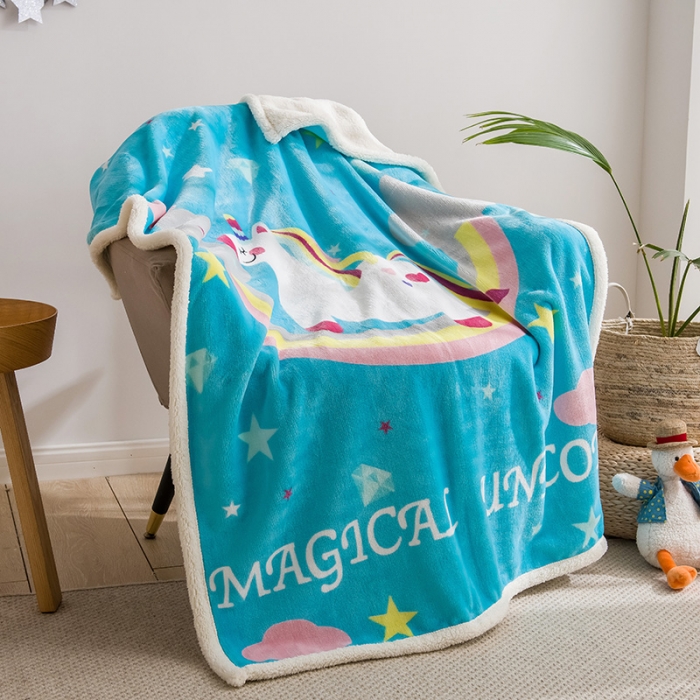 91家纺网 家纺一手货源 找家纺 茗婷家纺 2025款羊羔绒双层加厚保暖儿童毛毯云毯供外贸跨境亚马逊TRMU 彩虹马