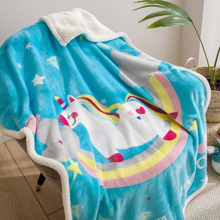 91家纺网 家纺一手货源 找家纺 茗婷家纺 2025款羊羔绒双层加厚保暖儿童毛毯云毯供外贸跨境亚马逊TRMU 彩虹马