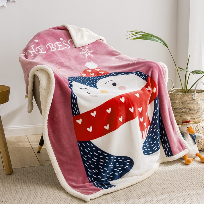 91家纺网 家纺一手货源 找家纺 茗婷家纺 2025款羊羔绒双层加厚保暖儿童毛毯云毯供外贸跨境亚马逊TRMU 企鹅豆沙