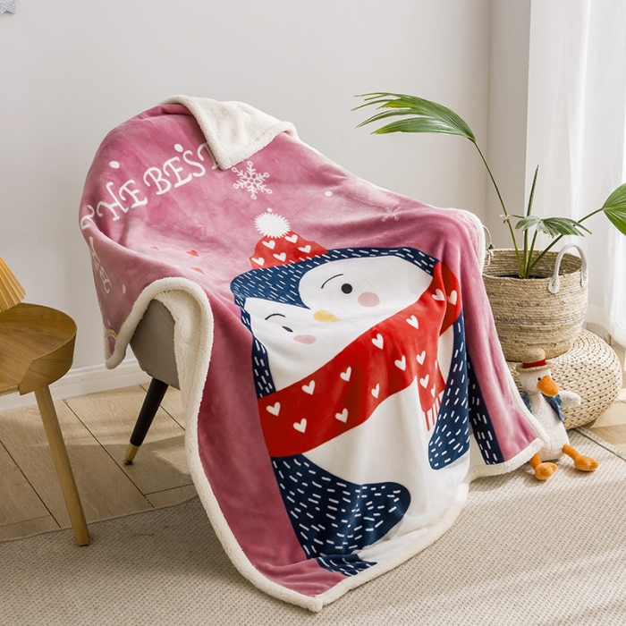 91家纺网 家纺一手货源 找家纺 茗婷家纺 2025款羊羔绒双层加厚保暖儿童毛毯云毯供外贸跨境亚马逊TRMU 企鹅豆沙