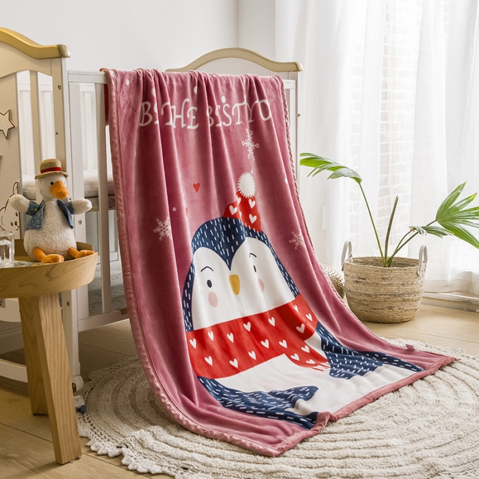 91家纺网 家纺一手货源 找家纺 茗婷家纺 2025新款双层定位童毯 企鹅豆沙