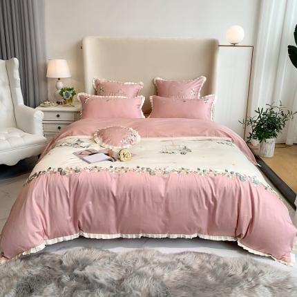 91家纺网 家纺一手货源 找家纺 馨蕊家居 2021新款60s双股埃及长绒棉四件套花开半夏-粉