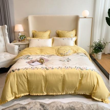 91家纺网 家纺一手货源 找家纺 馨蕊家居 2021新款60s双股埃及长绒棉四件套花开半夏黄