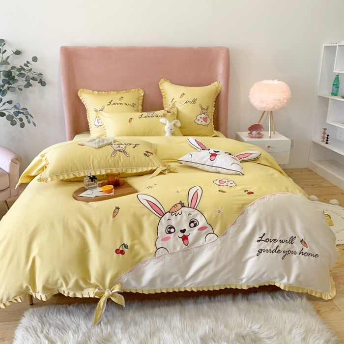 91家纺网 家纺一手货源 找家纺 馨蕊家居 2021新款60s双股埃及长绒棉四件套 玥宝兔黄