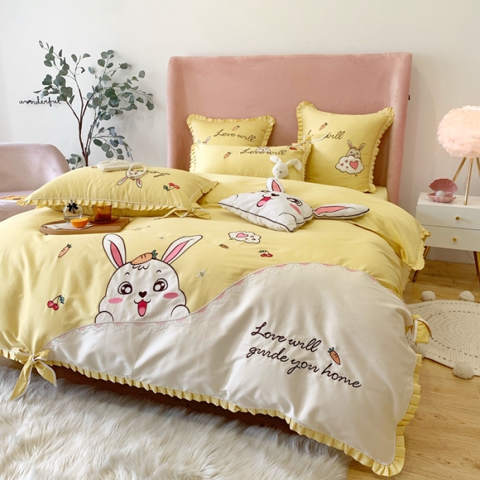 91家纺网 家纺一手货源 找家纺 馨蕊家居 2021新款60s双股埃及长绒棉四件套 玥宝兔黄