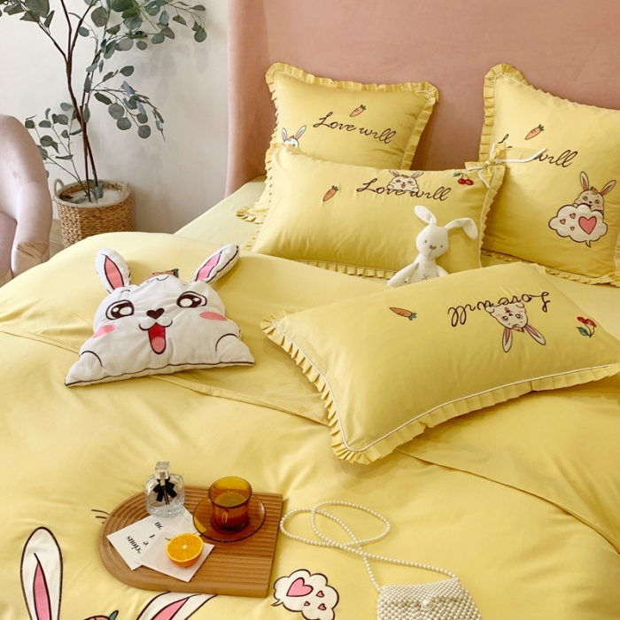 91家纺网 家纺一手货源 找家纺 馨蕊家居 2021新款60s双股埃及长绒棉四件套 玥宝兔黄